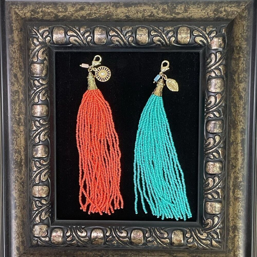 Premier Designs Beaded Tassels Set of 2 Coral Color Aqua Color Charms Necklace P